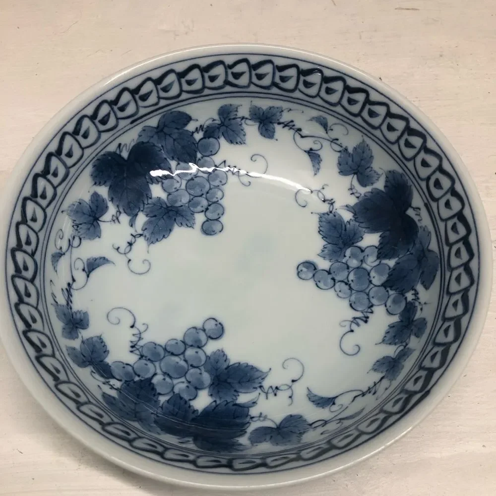 O547 Vintage Japan Blue Floral Print Grape Bowl Set of 2